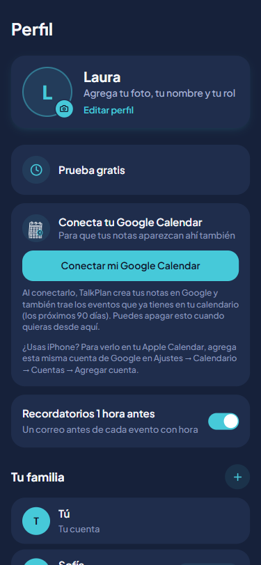 Tarjeta de TalkPlan para conectar tu Google Calendar
