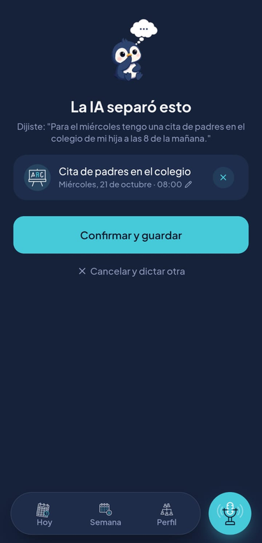 Pantalla de TalkPlan: la IA separó una nota de voz en una cita de padres en el colegio